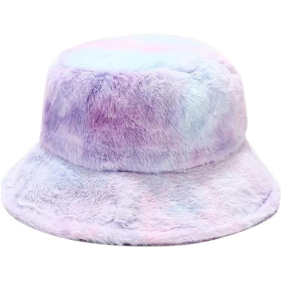 WOMEN'S Winter Faux Fur Fuzzy Warm Bucket Hat Blue Purple Tie-dye